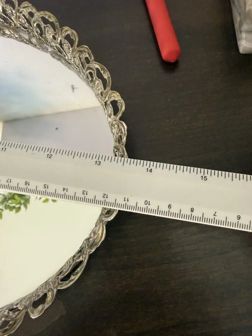 Vintage Oval Gold-tone Filigree Mirrored Vanity Tray Rose Boarder